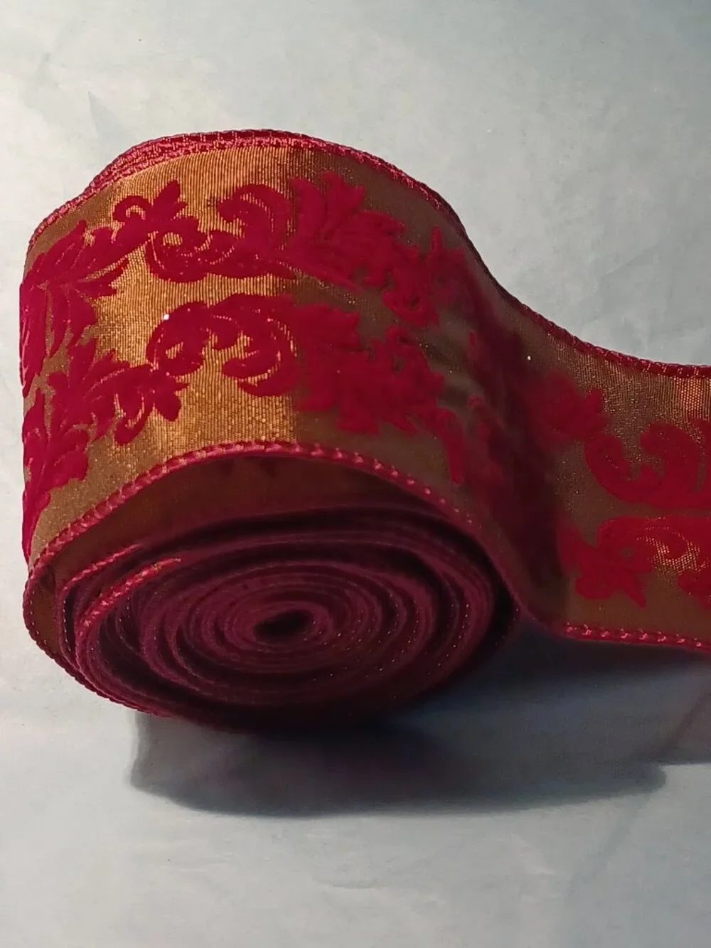 19+ Ft of Antique Gold Red Flocked Ribbon